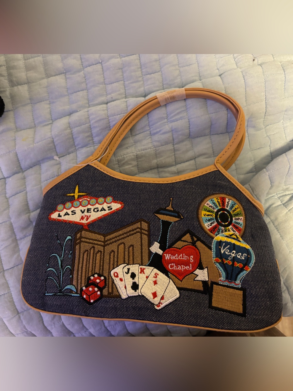 Denim Las Vegas Patch Shoulder Bag with Tan Handles